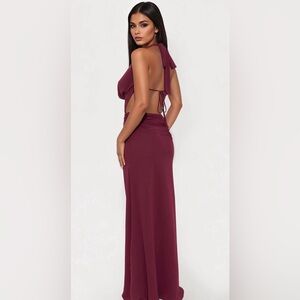 Chiffon Halter Backless Maxi Dress in Burgundy/ plum